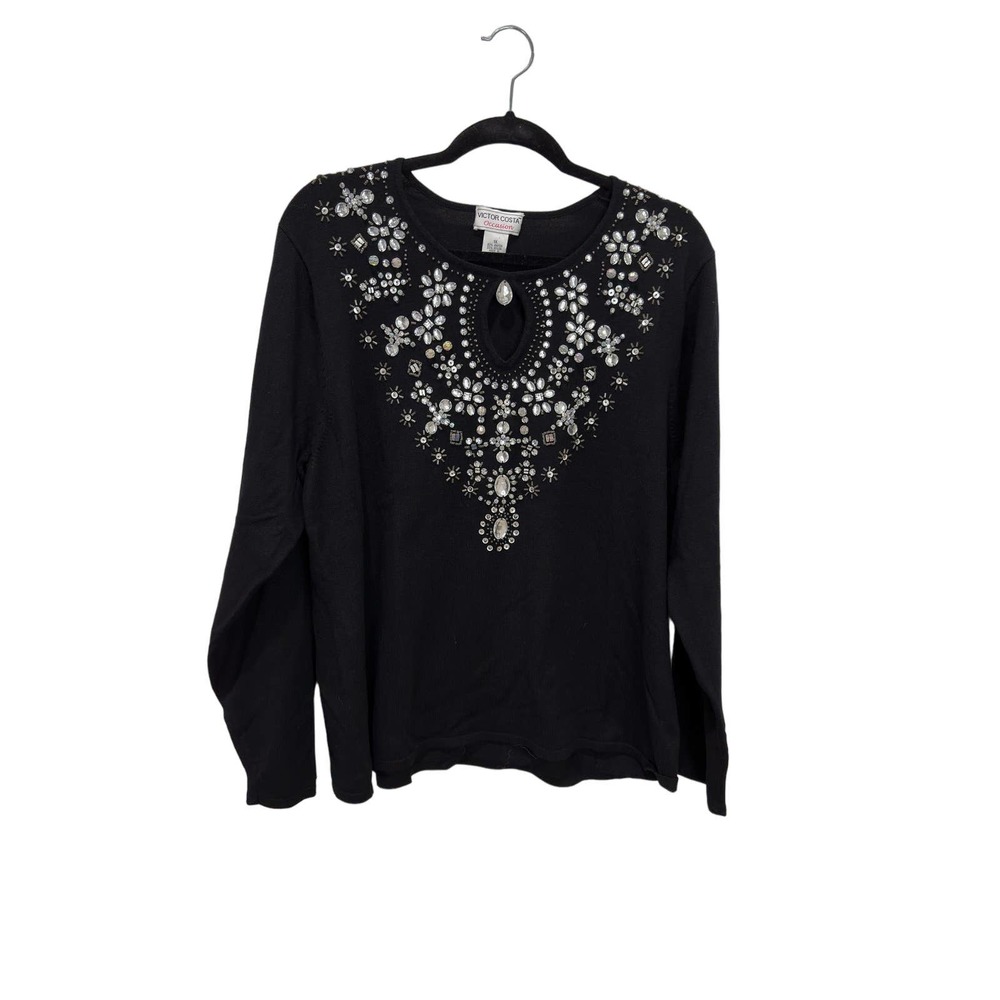 Victor Costa Occasion Women's Long Sleeve Knit Sweater Embellished Black Size 1X